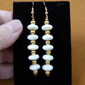 long White Mother of Pearl gemstone + brass ball beaded dangle hook pierced earrings gold tone French wire EE473-38