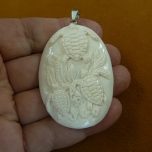 white three Turtle aceh bovine bone oval carved Pendant with silver loop turtles jewelry J-TURT-102
