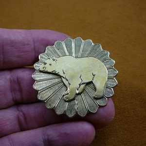 Grizzly bear walking on round textured flower design brass pin brooch I love bears B-Bear-377