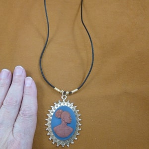 RARE African American Lady Woman blue + milk chocolate brown CAMEO large with ornate trim brass pendant 18&quot; necklace jewelry (CA20-132)