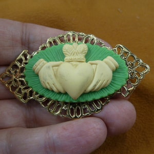 Light green Ivory colored CLADDAGH Cameo Irish heart crown hand LOVE hands Pin Pendant BRASS cm38-48
