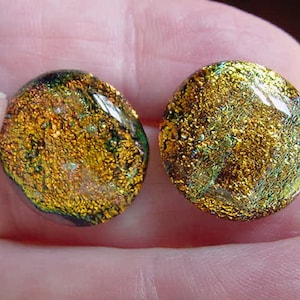 Orange yellow green shimmer black harvest moon bright star Dichroic fused glass round stud post pierced earring DE24-8