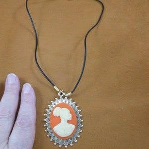RARE African American Lady Woman orange + ivory CAMEO large with ornate trim brass pendant 18&quot; necklace jewelry (CA20-131)