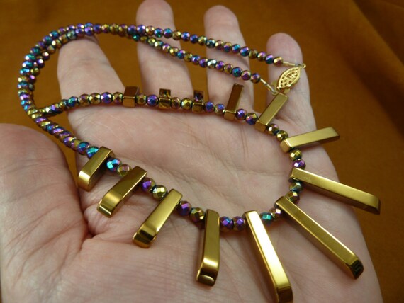 21 inch long graduated fan gold coated and iridescent Hematite gemstone and  crystal Beads bead beaded Necklace jewelry V300-21