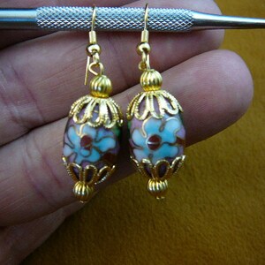 Pink with blue flower 12x18 mm oval one Cloisonne bead and gold beaded + filigree cap accents dangle earring pair EE-603-168