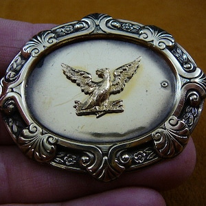 extra small Bald eagle flying on textured flower scrolled oval Victorian brass brooch pin pendant I love eagles B-Bird-55