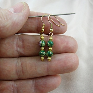 Green with pink flower 6 mm round Cloisonne two bead gold dangle earring pair EE-600-23