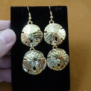 little dainty shiny double Sand dollar sea shell 7/8&quot; gold tone earrings jewelry j-sand-7