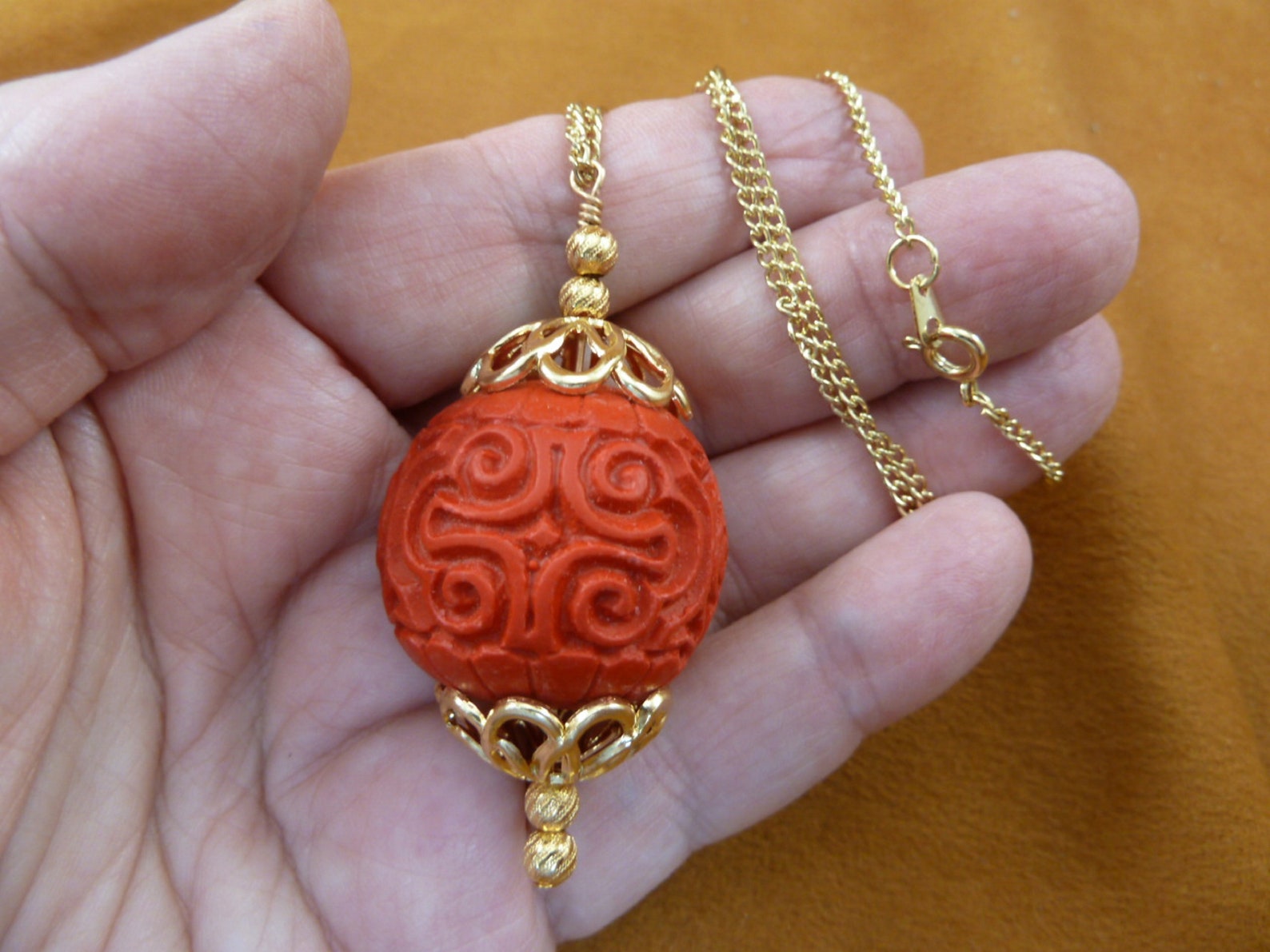 Large 30mm Red CINNABAR Carved Wood Lacquer Flower Bead Loop Pendant 18 ...