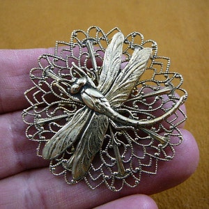 Dragonfly insect pond bug lover on round filigree scrolled Victorian BRASS pin pendant brooch B-DRAG-158