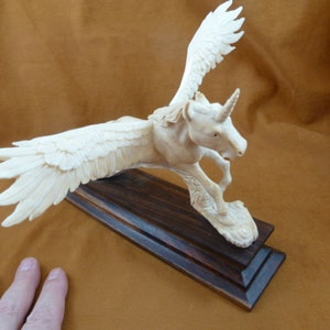 Pegasus Unicorn of shed ANTLER figurine on wood base Bali detailed carving of shed Moose antler display mythical horse Peg-5