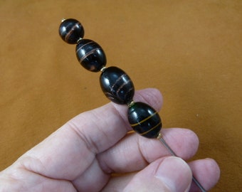 black with golden swirl striped glass with gold bead beaded hatpin ladies pin hat U-277