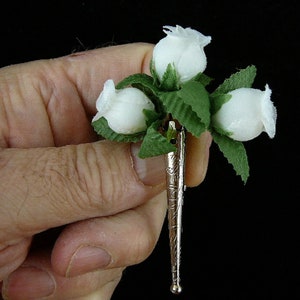 White silk tea roses Tussy mussy vase silver brooch pin wedding jewelry flowers boutonniere BB-240