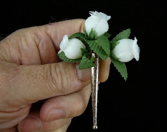 White silk tea roses Tussy mussy vase silver brooch pin wedding jewelry flowers boutonniere BB-240