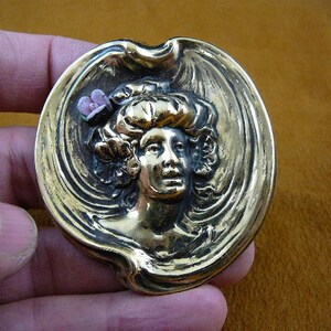 Woman hair in bun pink purple porcalain rose flower Victorian repro brass pin pendant B-WOM-36