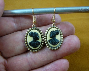 RARE African American LADY black + ivory CAMEO oval brass dangle Earrings jewelry (CAE1-16)