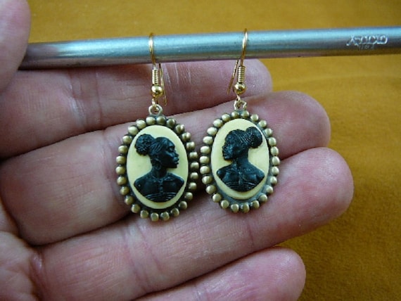 RARE African American LADY Black Ivory CAMEO Oval Brass Dangle