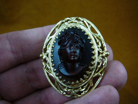 Vintage Roman Face Woman Oval Dark Brown Glass CAMEO Pin Brooch
