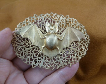 little baby vampire Bat love flying wings winged lucky night bats oval filigree Victorian repro brass pin pendant B-Bat-3