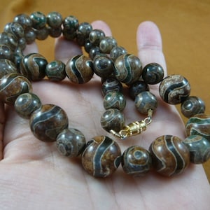 22 inch lange ronde bruin groene tribal Tibetaanse agaat edelsteen kralen ketting sieraden Tibet V-643