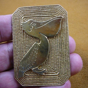 Pelican love sea bird Pelicans lover dot textured rectangle Victorian repro BRASS pin pendant brooch B-Bird-620