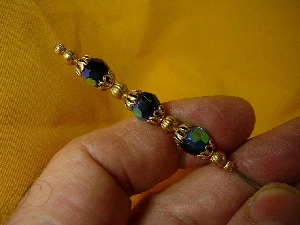 Faceted Iridescent Black Austrian Crystal Gold Tone Brass + 