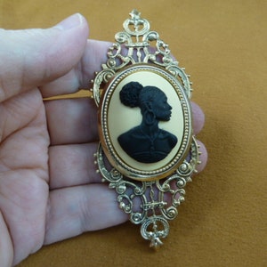 RARE African American LADY Woman ivory + black CAMEO ornate filigree brass Pin Pendant jewelry (CA20-87)