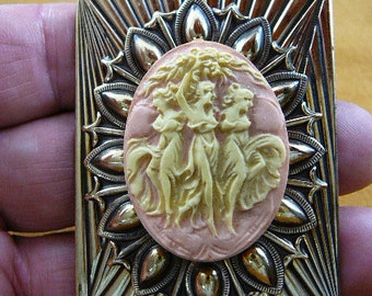 Three Muses (Graces) Faith Hope Charity pink + ivory CAMEO brass Pin pendant Brooch jewelry CM36-15