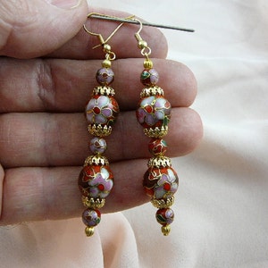 Red with pink flower 6 + 12 mm round five Cloisonne beads and gold beaded + filigree cap accents dangle earring pair EE-600-485
