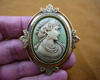 Calm faced Woman with hair up Cameo Pin Pendant jewelry brooch necklace repro Brass CM23-19