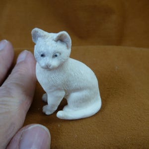 Könnte beinhalten: Eine kleine, weiße, geschnitzte Katzenfigur. Die Katze sitzt mit ihrem Schwanz um den Körper gewickelt. Die Figur ist aus einem glatten, weißen Material gefertigt.