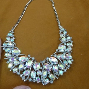 vintage Aurora borealis AB iridescent Austrian crystal rhinestones silver tone necklace costume jewelry VN-20