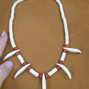 COYOTE wild dog 5 five Tooth TEETH Jewelry white bone bead red beads beaded NECKLACE W30-16