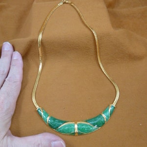 vintage Lady Remington, Lia Sophia green swirl cloisonne gold tone geometric design arch 16&quot; Necklace signed LR (VN-1)