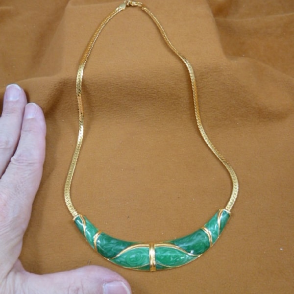 vintage Lady Remington, Lia Sophia green swirl cloisonne gold tone geometric design arch 16" Necklace signed LR (VN-1)