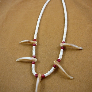 five claw one 2-1/8&quot; BADGER and two 1-7/8&quot; claws  on natural white cow bone and red bamboo coral bead Jewelry beaded 20&quot; NECKLACE W40-26