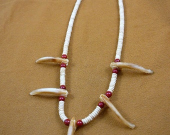 five claw one 2-1/8" BADGER and two 1-7/8" claws  on natural white cow bone and red bamboo coral bead Jewelry beaded 20" NECKLACE W40-26