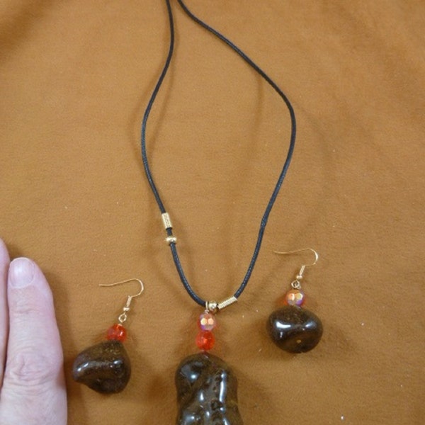 Real Moose POOP doo doo nugget + iridescent red glass gold tone brass earrings and 20 inch black cord necklace pendant jewelry PP-31-221