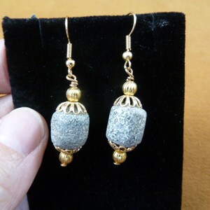 Real Late Pleistocene Stegodon gray bone bead + gold tone wire dangle beaded Earrings Fossil specimen Weird DP3-622