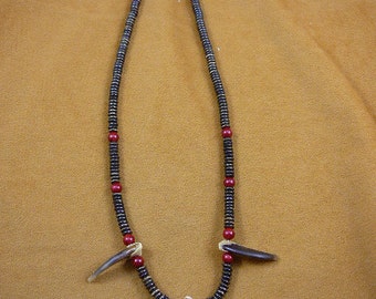 three claw one 1-7/8" BADGER and two 1-3/8" claws brown cow bone and red bamboo coral bead Jewelry beaded 20" NECKLACE W40-23
