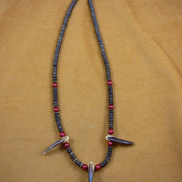 three claw one 1-7/8" BADGER and two 1-3/8" claws brown cow bone and red bamboo coral bead Jewelry beaded 20" NECKLACE W40-23