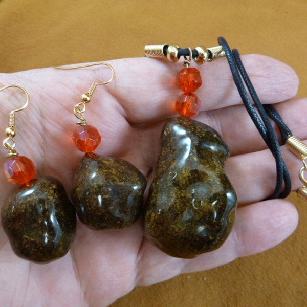 Real MOOSE POOP 1 doo doo nugget with iridescent faceted red glass bead accents gold Necklace and dangle earrings set jewelry weird PP31-219