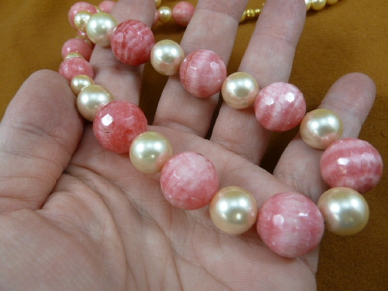 24 inch long Pink Rhodochrosite gemstone glass white pearl beaded filigree Necklace jewelry V465-1