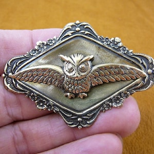 flying Owl with wings spread night bird on scrolled trimmed diamond shaped brass pin pendant I love owls lover birdsB-Bird-403