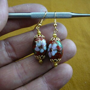 Red with pink flower 12x18 mm oval one Cloisonne bead and gold beaded + filigree cap accents dangle earring pair EE-603-102