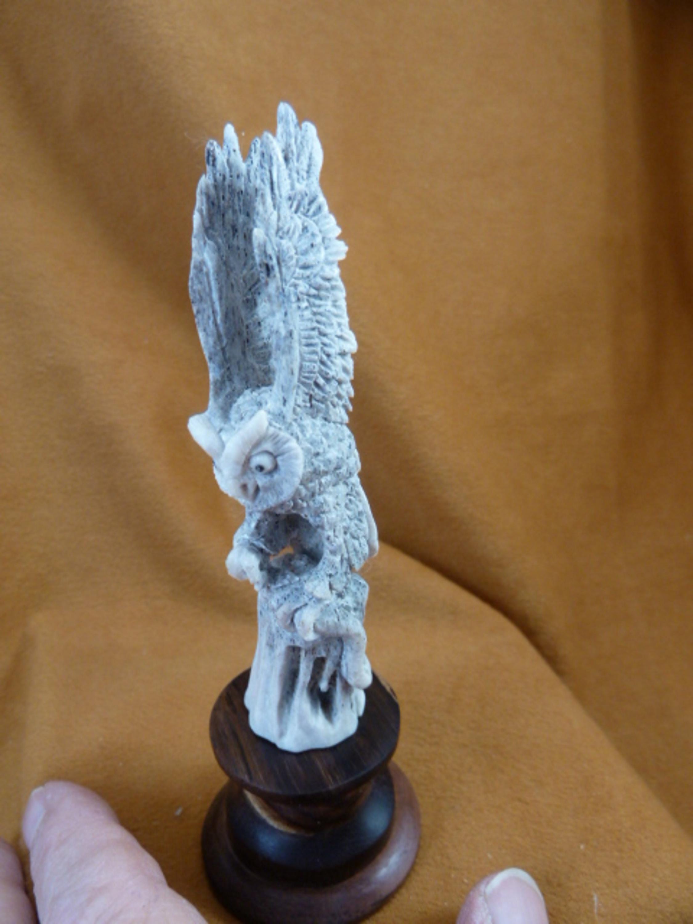little medium white Horned Owl of shed ANTLER crown base figurine Bali detailed carving of shed Moos