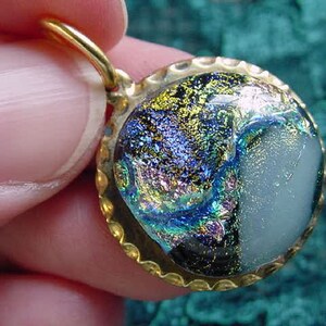 White Blue Purple sparkle black DICHROIC Fused glass cab on round circle repro Victorian brass pendant DB-201