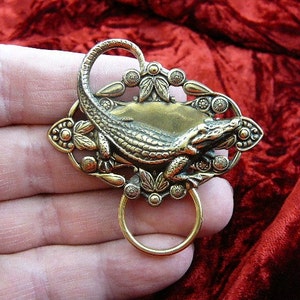 Alligator gator Florida Victorian repro brass Eyeglass pin pendant id loop eyeglasses badge holder E-584