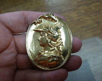 Athena or Minerva the goddess of war and wisdom soldier oval brass Victorian repro pin pendant B-Knight-3