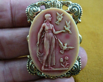 Woman feeding birds flower Cameo Pin Pendant jewelry brooch necklace repro Brass CM17-30